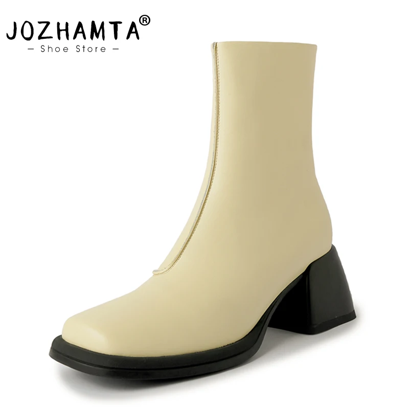 

JOZHAMTA Size 33-40 Women Ankle Boots Real Leather Wide Calf Short Booties Chunky High Heels Shoes Winter Casual Office Dress