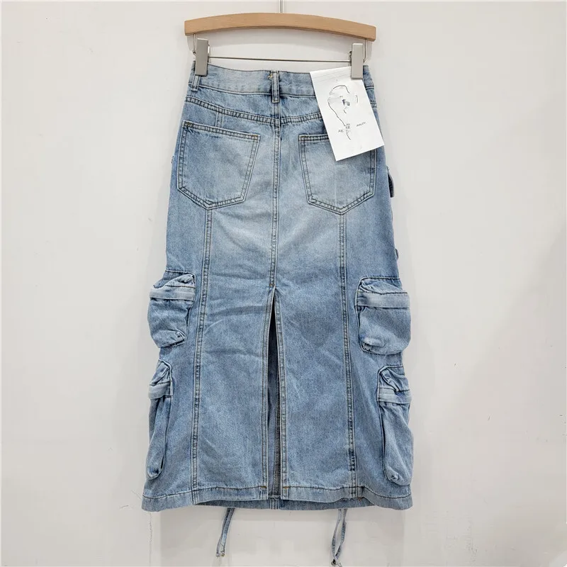 Damska spódnica robocza z denimu, z wysokim stanem, o prostym kroju, w stylu vintage, z wieloma kieszeniami, z rozcięciem z tyłu, codzienna, letnia, modna spódnica jeansowa dla kobiet.