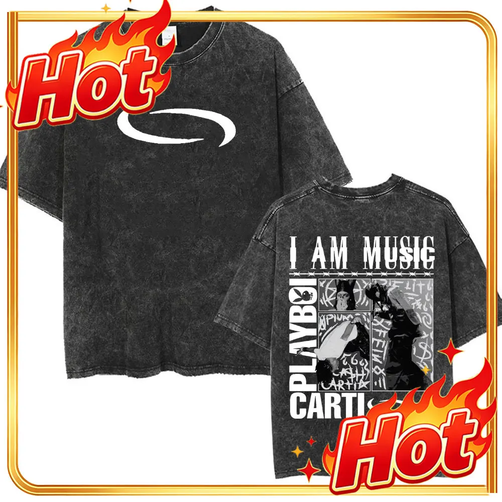 Retro Washed Playboi Carti I AM MUSIC Logo T Shirt Opium Ken Carson Narcissist Tour Antagonist Rap T-shirts Men's Oversized Tees