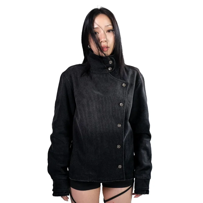 New Trendy Men Womens Black Asymmetrical Collar Short Jacket Y2K