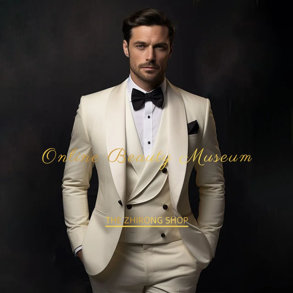 Elegant Ivory Tuxedo Suit for Men 3 piece set Jacket Vest Pants Classic Attire for Wedding Dating Host Prom Ball Party Dress