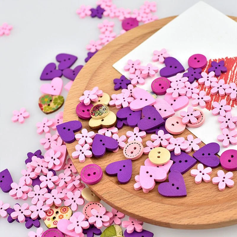 

100Pcs/Bag Mix Shape Round Flower Wooden Buttons Lovely Sewing Wood Decorative Button for DIY Craft Clothes Accessories