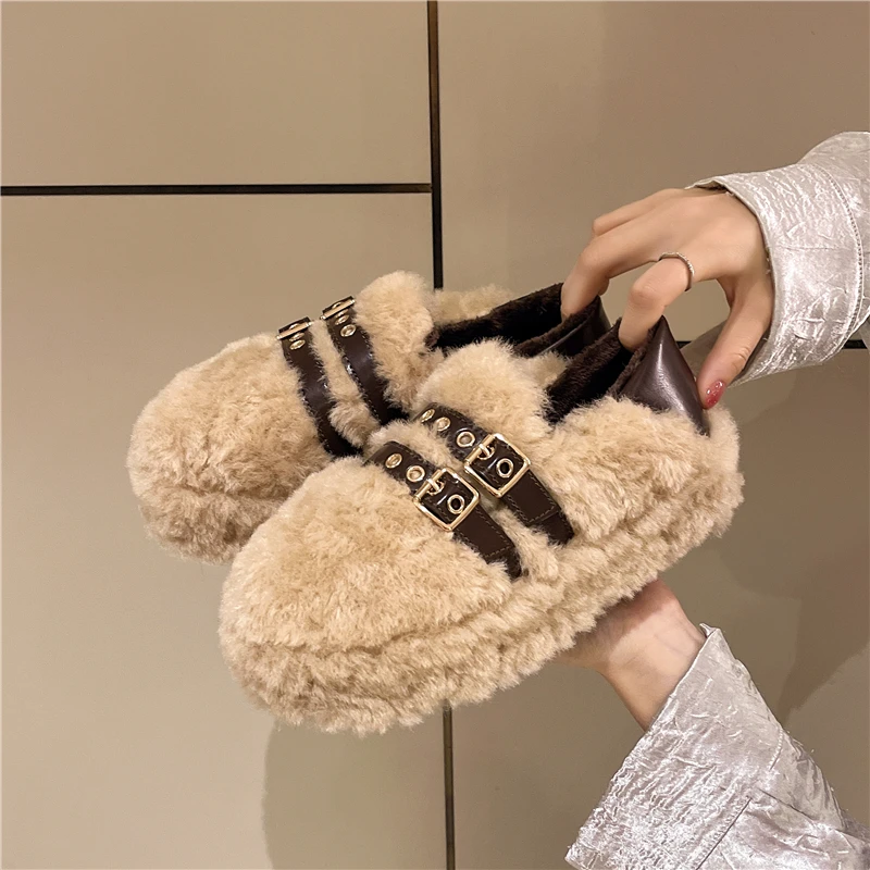 New Style Fashion Women Shearling Flats Furry Lambswool Mocasines Warm Cotton Shoes Ladies Slip on Sheep Fur Lined Loafers