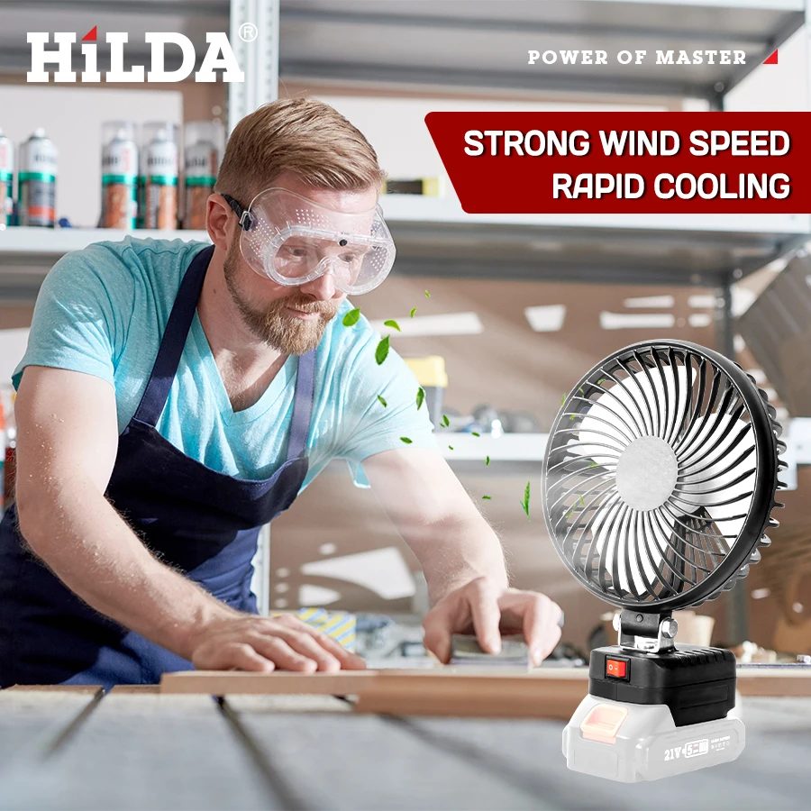 هيلدا مروحة كهربائية ليثيوم سوداء تناسب ماكيتا 21 فولت، شفرة مروحة كبيرة 90 °   تعديل درجة مروحة هادئة محمولة مروحة رياح قوية
