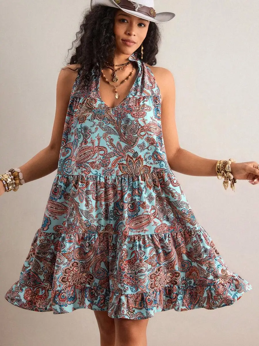 

Bohemian Retro Print Blue Halter Neck Tiered Dress Loose Sleeveless Cold Shoulder Short Dress For Women