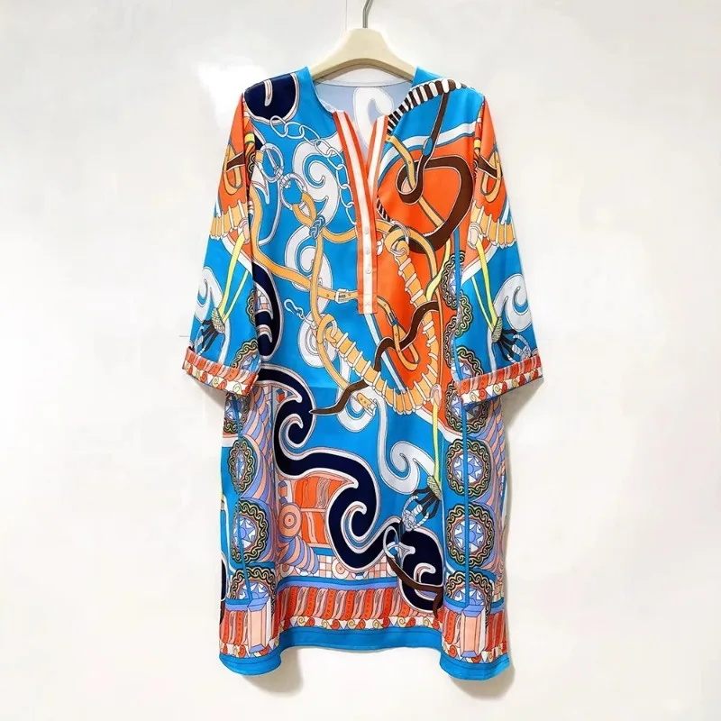 

Women's Vintage Geometric Positioning Printed V-Neck Pullover Dress Summer Fashion Loose Straight Dress