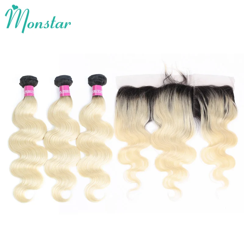 Monstar Body Wave 2 3 4 Bundles with 13x4 Frontal 8 - 32 Inch 1B 613 Blonde Ombre Peruvian Remy Human Hair Bundles with Closure