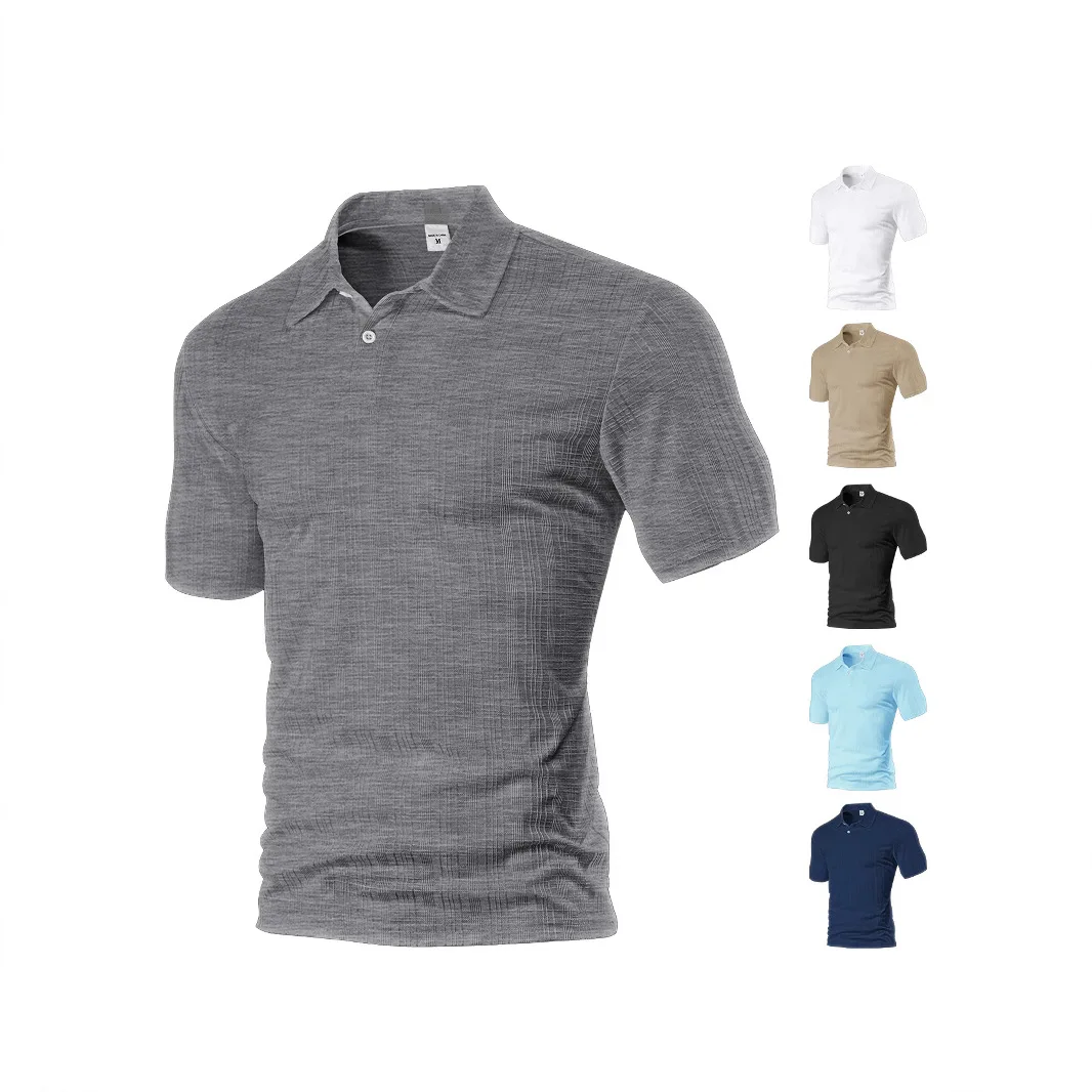Casual Spring Men's Summer Thin Solid Color Short Sleeve Full Polyester Imitation Hemp Small Checked Lapel Shirt Men's Shirt