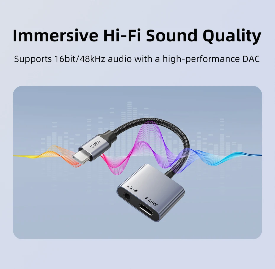 CABLETIME USB-C auf 3,5-mm-Audio-Adapter USB-C Kopfhörer 2-in-1 PD 60W Typ-C auf 3,5-mm-Klinkenadapter Hi-Fi für iPhone Xiaomi – Detail 5
