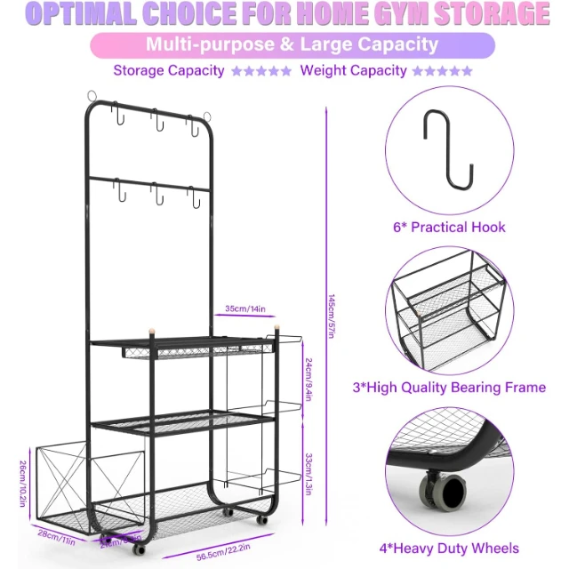組み立て簡単なホームジム用メタルオーガナイザー、ホイールとフック付き、ヨガマット、バスケットボールオーガナイザー