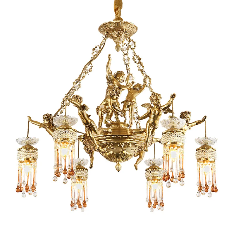 

DINGFAN Living Room Chandelier Full Copper French Dining Bedroom Lamp Creative European Villa Study Crystal Pendent Light