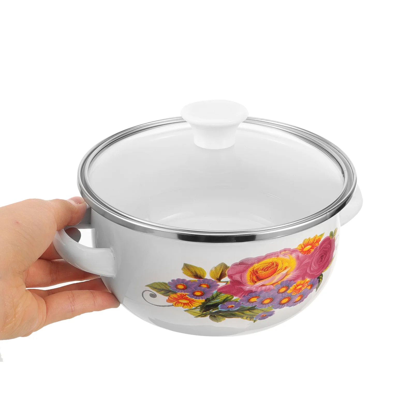 

3 pcs Enamel Double Handle Pot Set Small Size Stackable Cookware Kitchen Pans Soup Noodle Heating 12-14-16 Flower