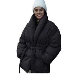 Winter Jacket Women Black Bubble Coat V Neck Wrap Belted Fashion Puffer Parka Invisible Pockets 2024 New Hot Sales