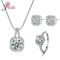 Luxury Wedding Bridal Jewelry Sets 925 Silver Needle with AAA Cubic Zircon Stone Inlay Paved Pendant Necklace Earrings Ring