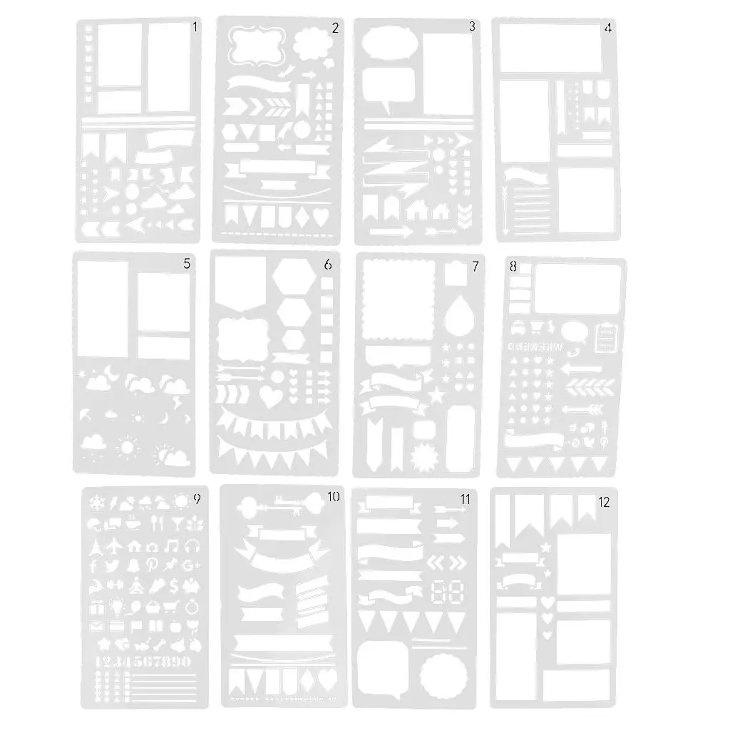 12x Journal Stencil Drawing Template per DIY Planner Diary Scrapbook