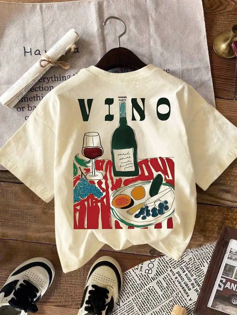 Loose-Fit Apricot Cotton T-Shirt, Wine And Western Food Illustration, Stylish And Personalized Short Sleeves, A Choice For People In Spring And Summer