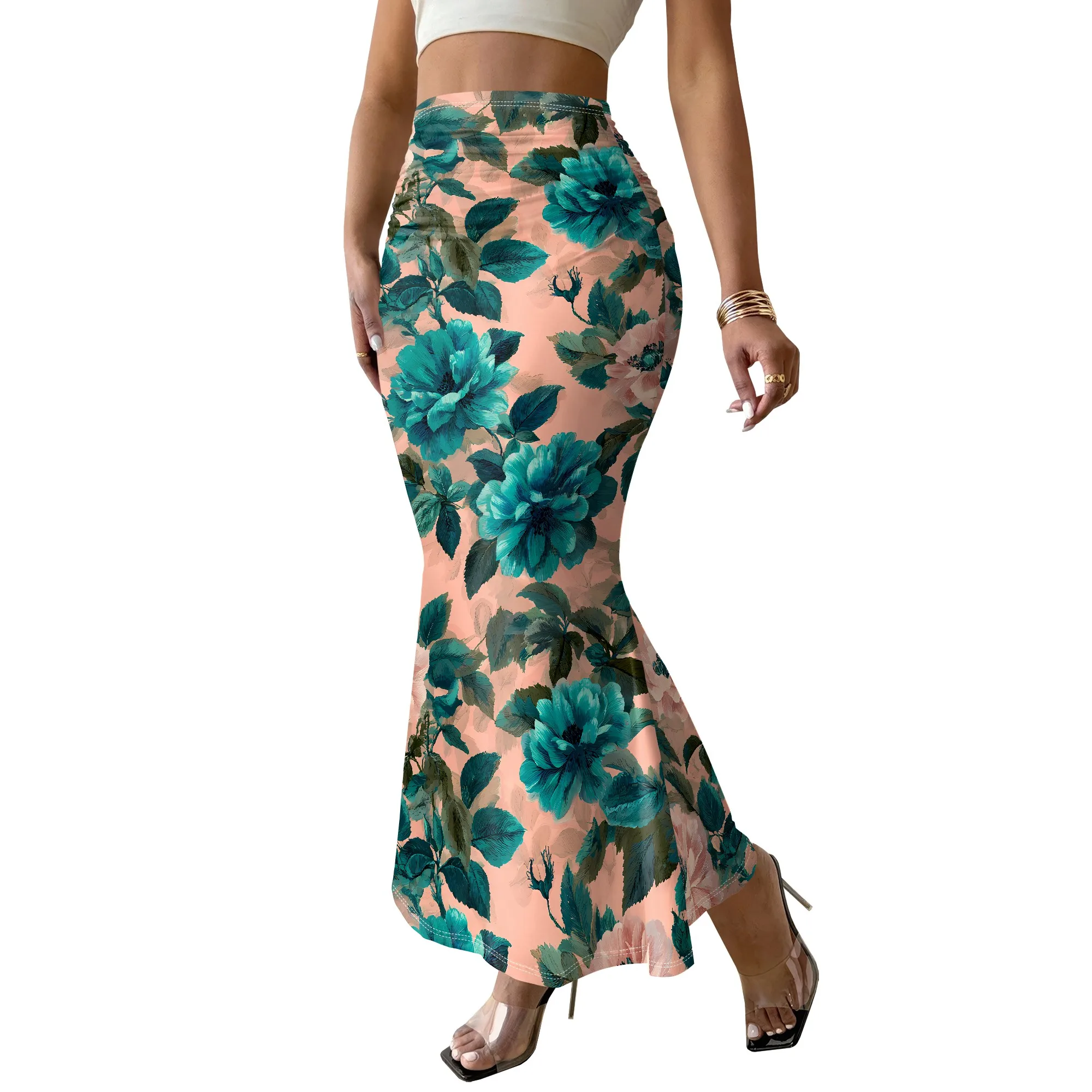 Floral Print Mermaid Skirt, Pink Teal Rose Pattern Bottoms, High Waist Bodycon Dressy Skirt for Women Summer Beach Party, S-3XL