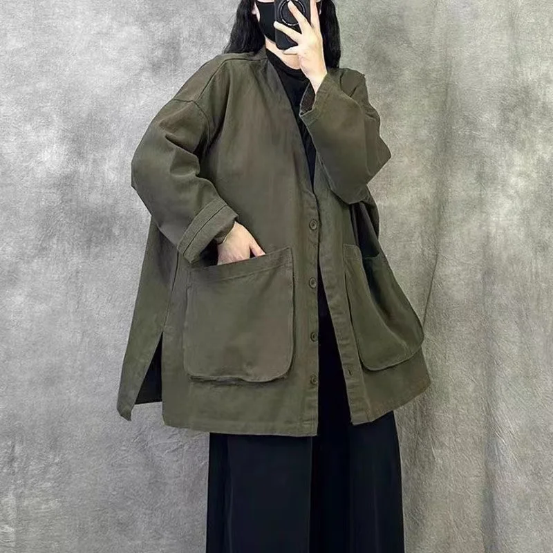 

Original Retro V-Ne Coat Women's Loose Casual Oversized Large Size High-End Feeling Pure Color Spring Autumn Season Outerwear