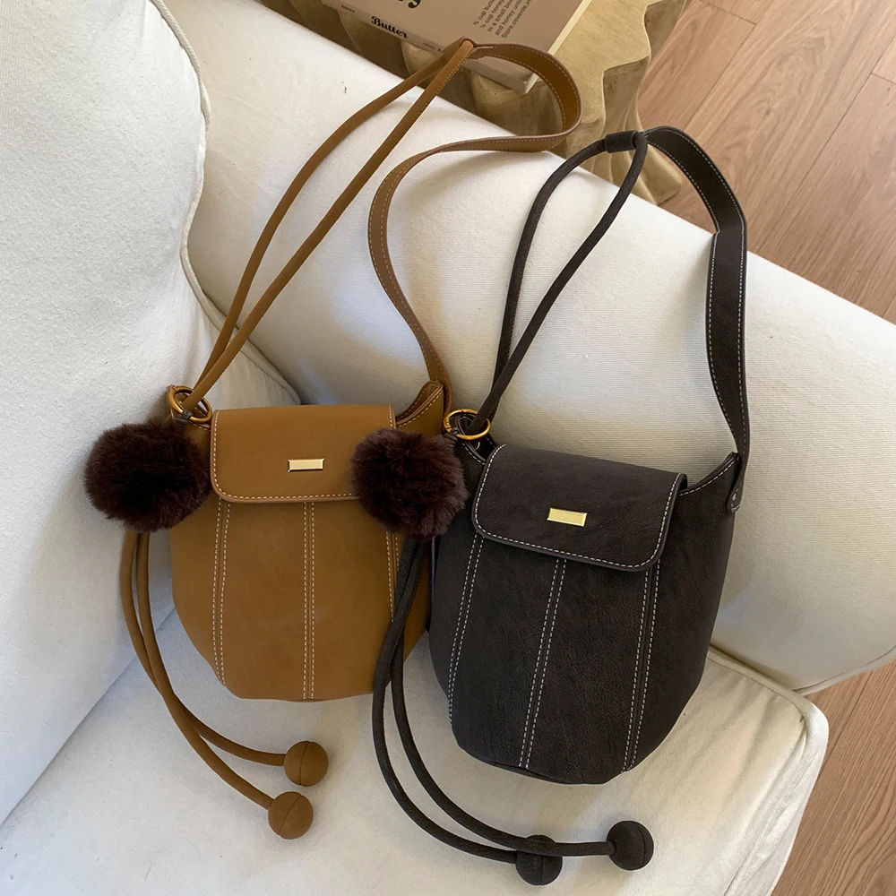 Vintage Thread Bucket Messenger Bag Women Simple Solid Color Buckle Zipper Crossbody Bags High Grade All-Match Daily Packs