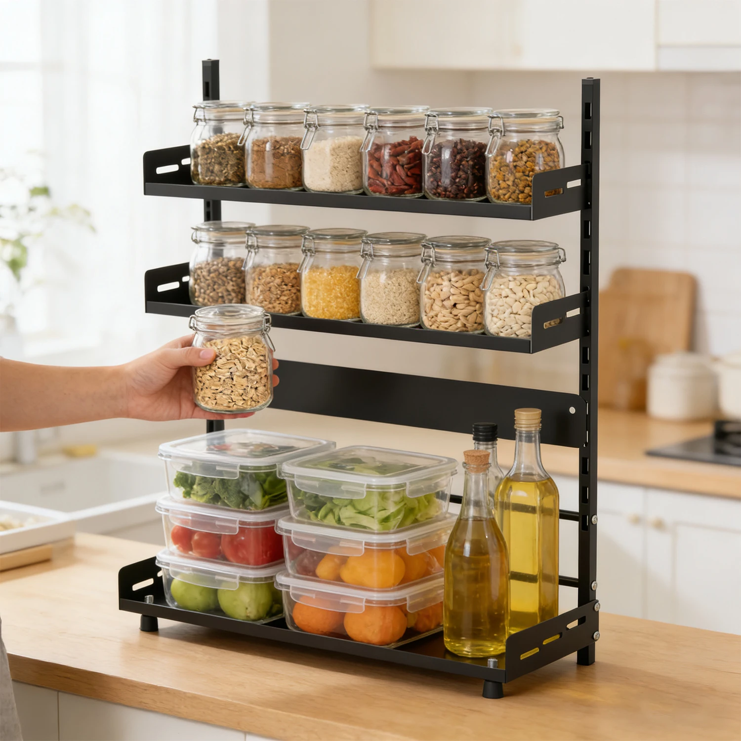 

Cabinet Spice Rack | Three-Tier Adjustable Height Standing Spice Rack | Large Capacity Rust-Proof Metal Spice Storage Rack | Kit