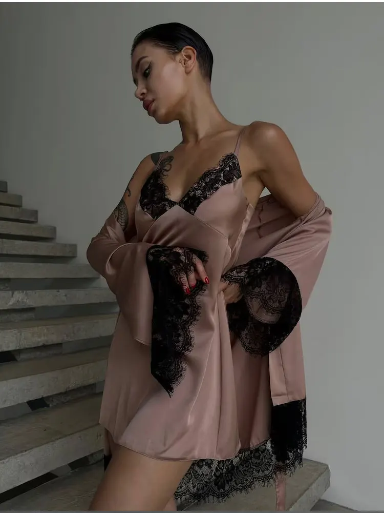 

Bronze Lace Silk Robe and Nightgown Set Beige Short Nightie and Peignoir Elegant Birthday Valentines Gift for Her
