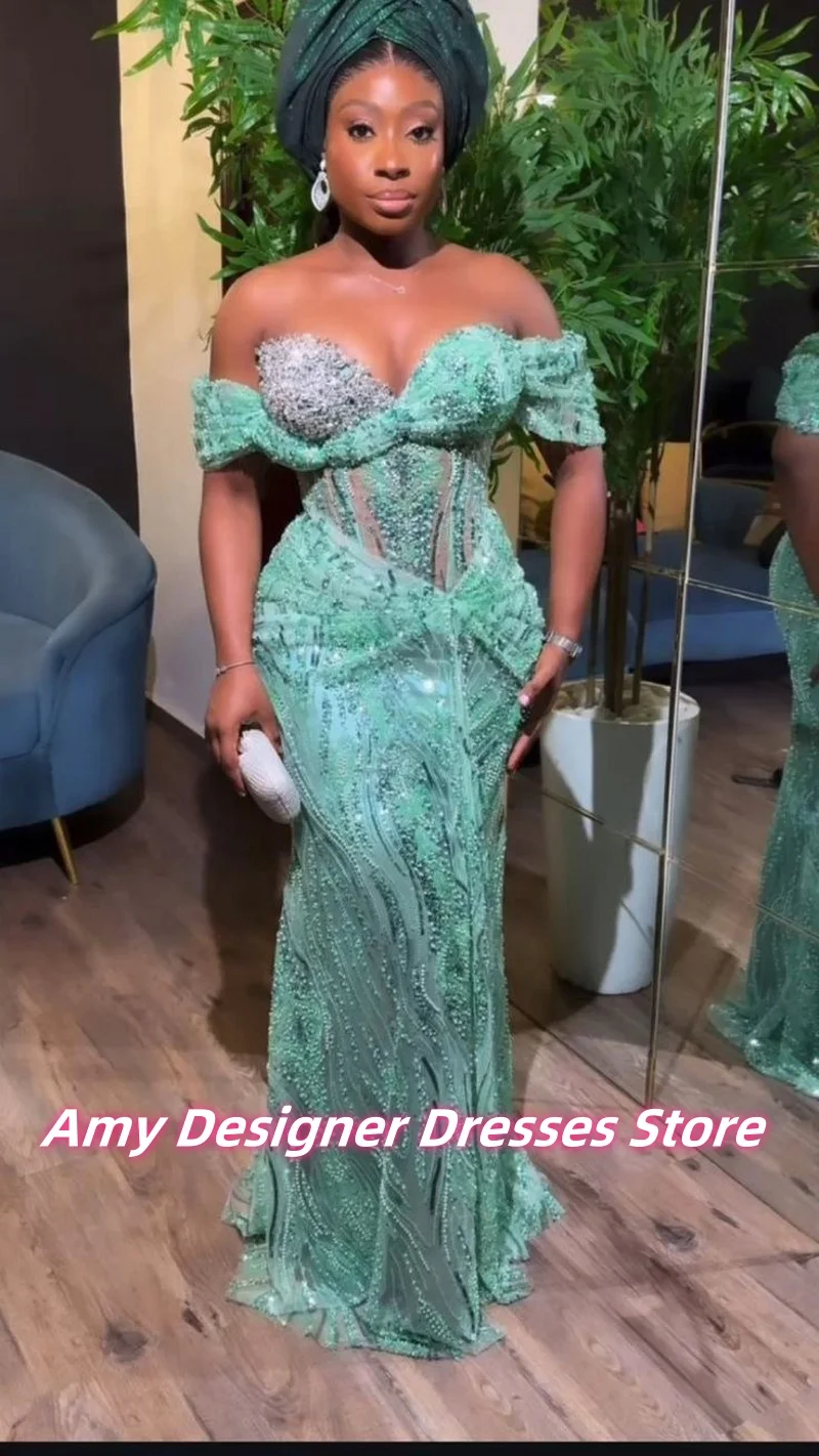 Robes de soirée sirène perlées délicates robe de soirée de mariage longue épaule dénudée robes de bal pour les filles africaines Asoebi personnalisé