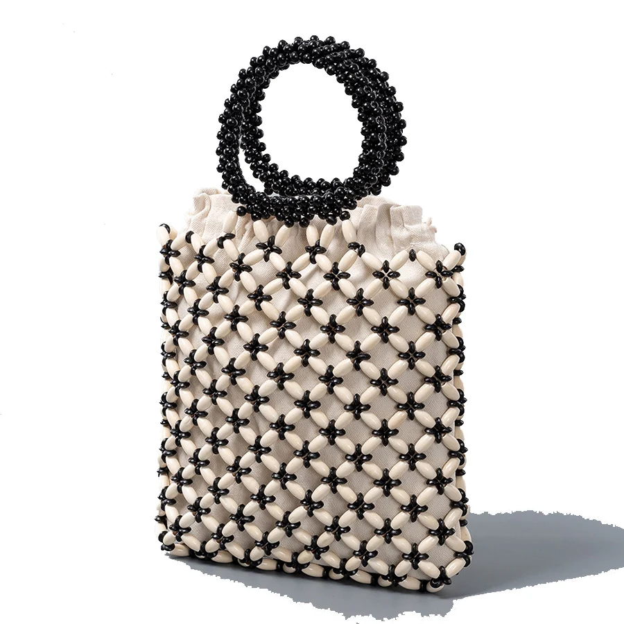 

Casual Women Beaded Patchwork Bag Summer Design Hollow-out Wooden Bead Tote Bucket Shoulder Bag Female Beach Handbag Bolso Mujer