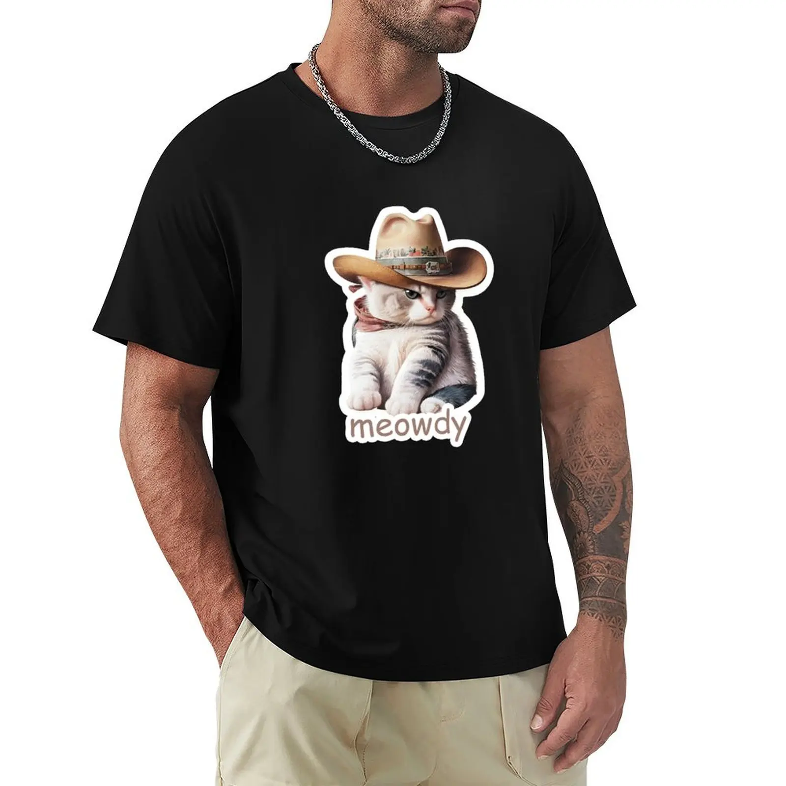 Meowdy Partner Cat Wearing a Cowboy Hat T-Shirt Plus Size Summer Casual T-Shirt