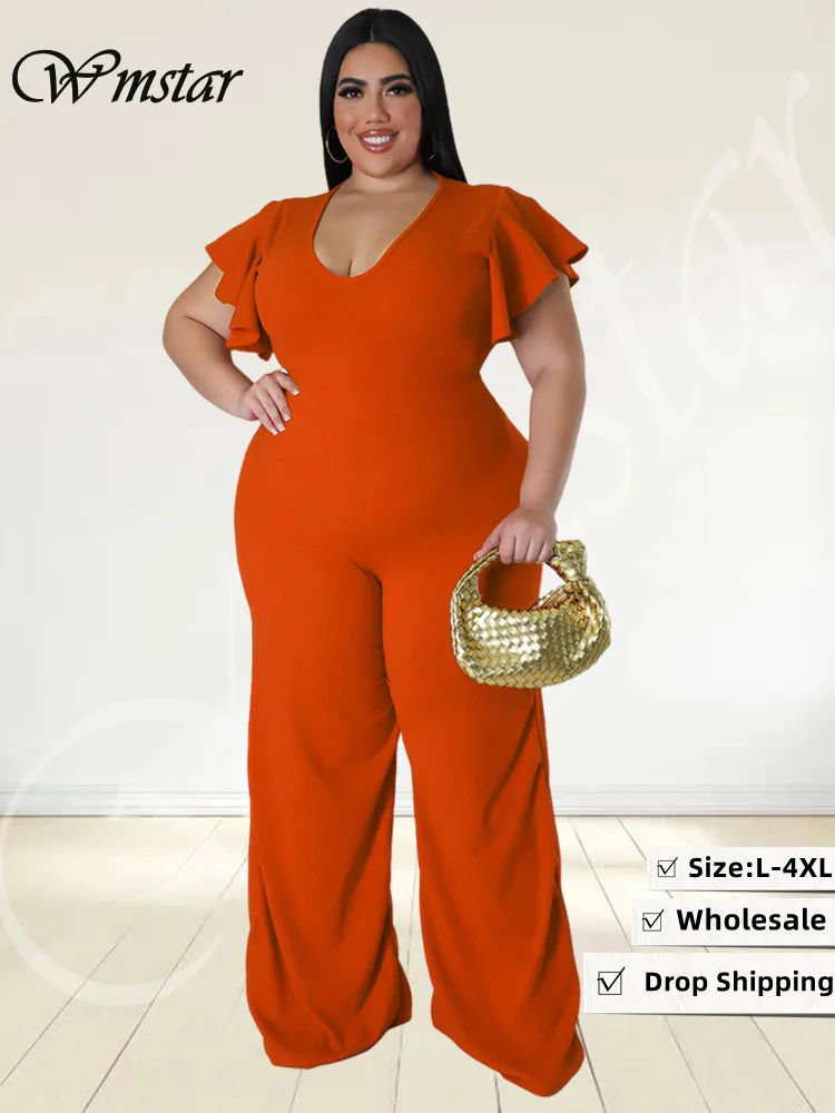 Wmstar Plus Size Women Jumpsuit Summer Clothes Solid Sexy V Neck Urban Leisure Bodysuit New 2023 Bodysuit Wholesale Dropshipping