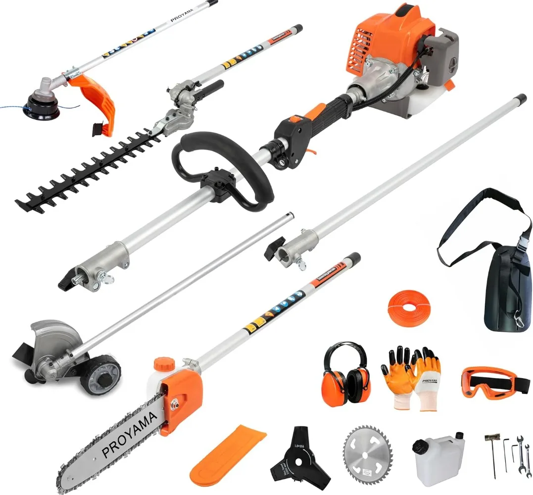 

26cc 6 in 1 Multi Functional Trimming Tools, Gas Hedge Trimmer, Weed Eater, String Trimmer, Brush Cutter, Edger, Pole Saw