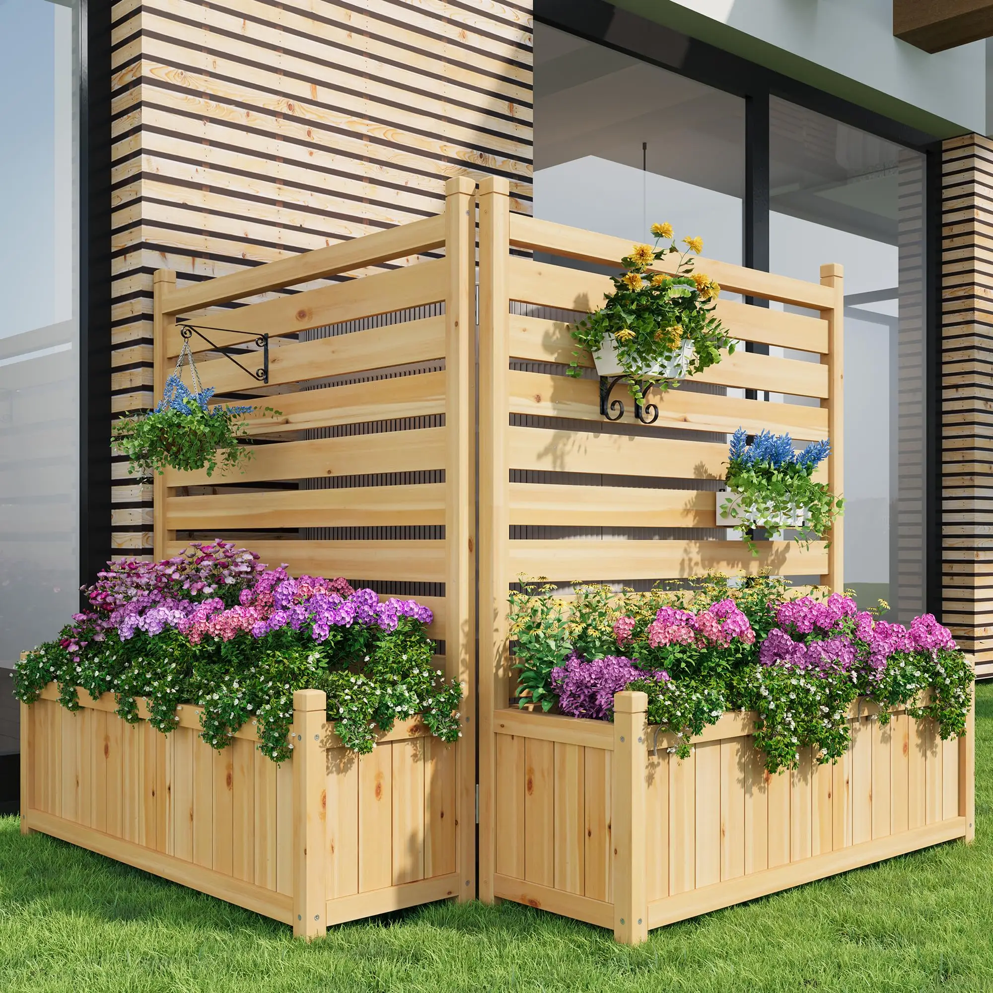 Outdoor Wooden Privacy Fence Panels with Planter Boxes, 2-Pack Freestanding Garden Screen for Hiding AC Units, Trash Cans, Pool Equipment – Includes 2 Flower Pots – Patio & Yard Privacy Solution