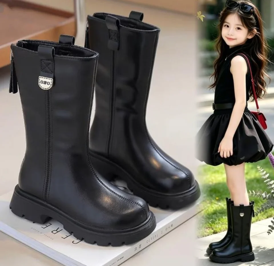 2026 Winter New Children Knee-High Boots for Girls Fashion Platform Motorcycle Boots Anti-Princess Keep Warm Chic Leather BOOTS