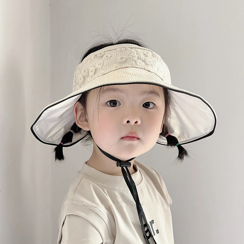 Flowers Embroidery Girls Sun Hats Summer UV Protection Wide Brim Children Open Top Soft Kids Beach Caps Accessory