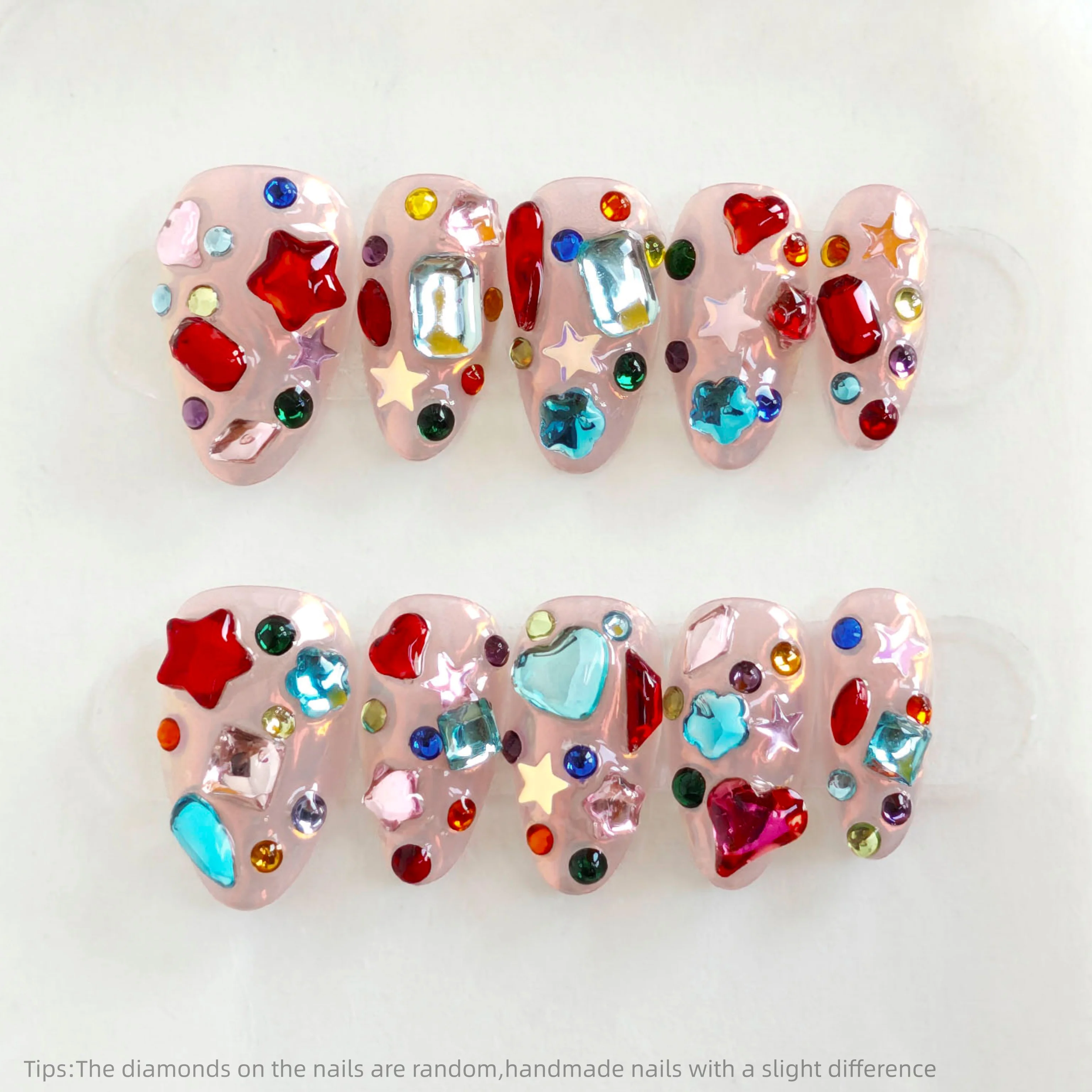 10pcs Handmade Colorful Rhinestone Star Heart Press On Nails Short Almond Sweet Shiny Fake Nails Y2K Style Decor False Nails