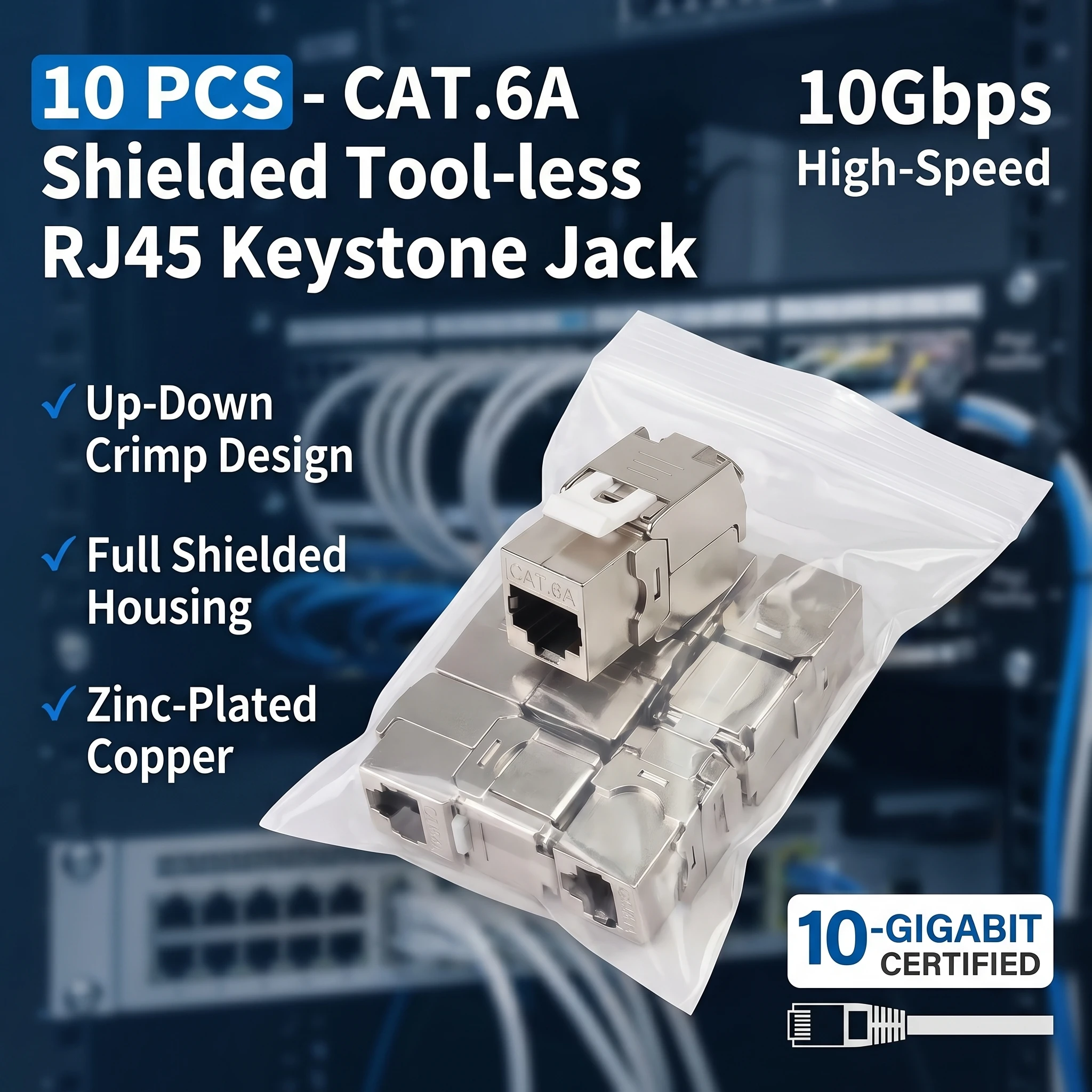 

10 PCS CAT.6A Shielded Tool-less RJ45 Keystone Jack, Up-Down Crimp 10Gbps Network Data Connector for Shielded Cable