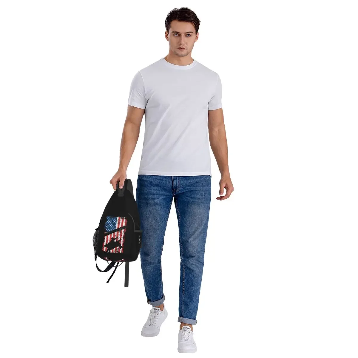 Bull Rider, Rodeo, American Flag Chest Bag Men Sling Crossbody Backpack Chest Bag Traveling Hiking Daypack Shoulder Bag