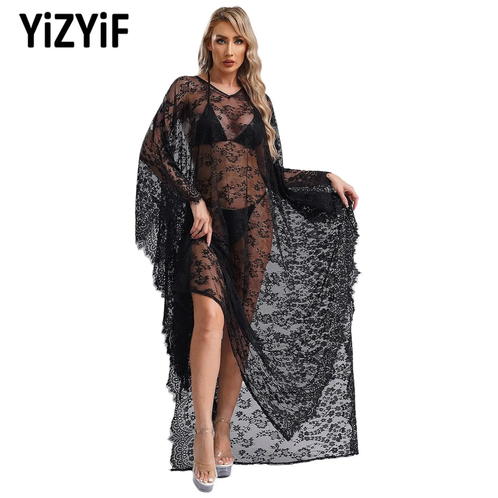 נשים לראות דרך תחרה פרחונית חוף תחרה מסיבת קפיטטן גב בצורת v גב caftan שמלת בגדי ים