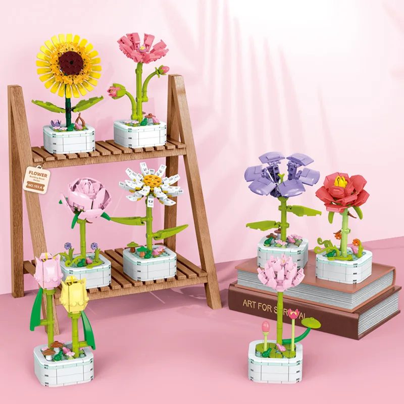 Building block flowers, potted plants, sunflowers, tulips, fragrant flower decorations, puzzle toys, holiday gifts