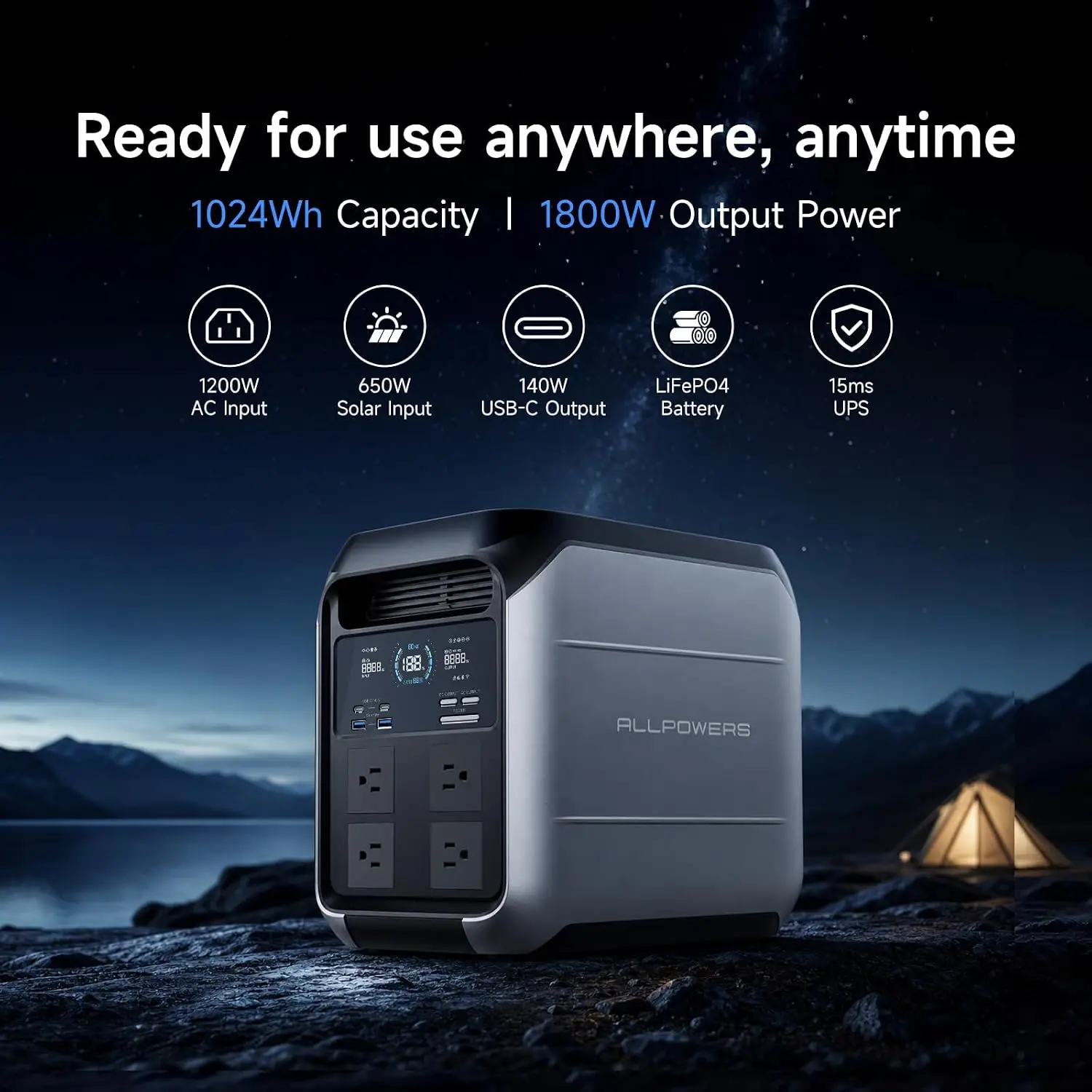 1800W Portable Power Station with 200W Solar Panel, Outdoor Camping Emergency Backup Battery Generator, Customized
