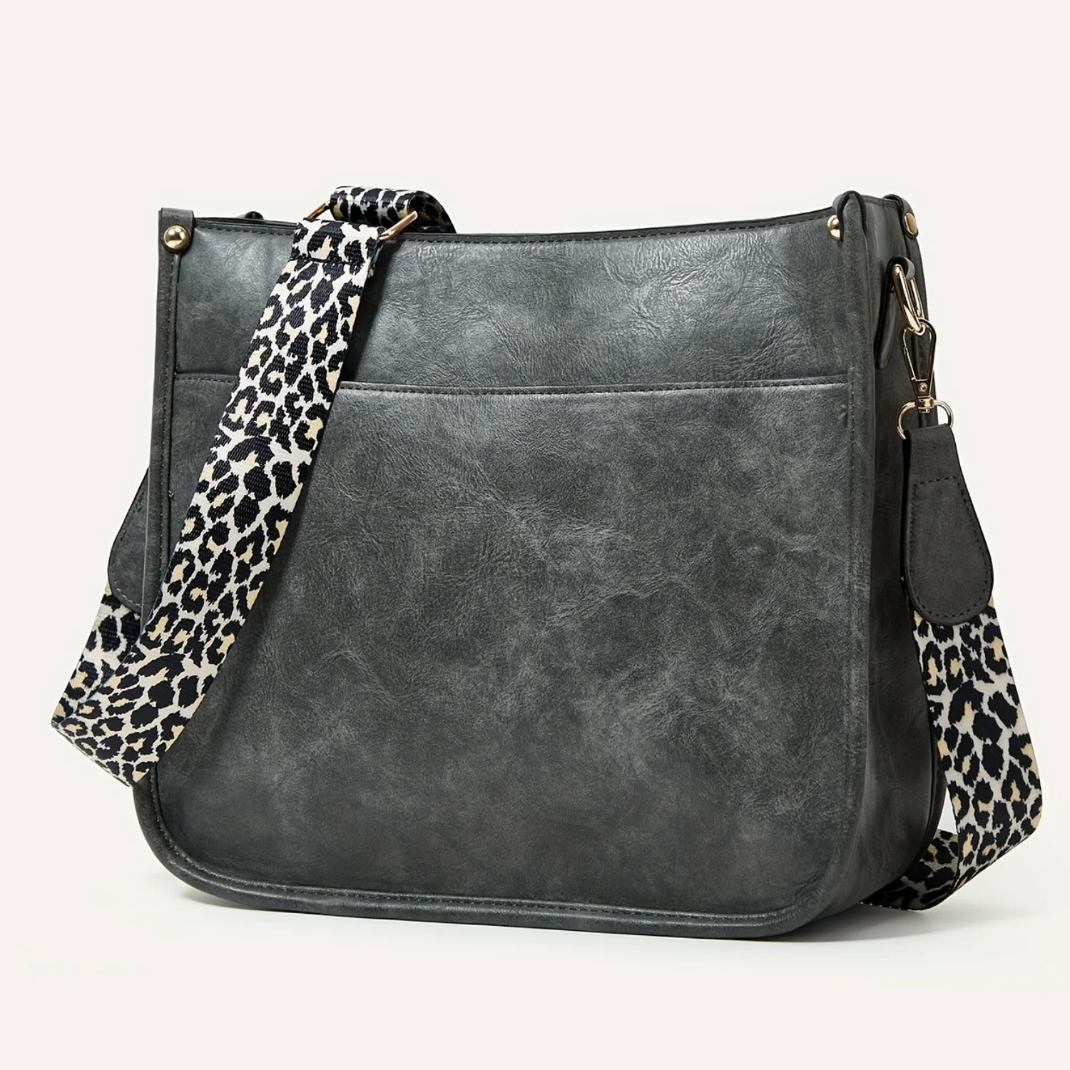 Leopard Print Straps Crossbody Bag, Solid Color  Bag, Shoulder Zipper Bag For Work