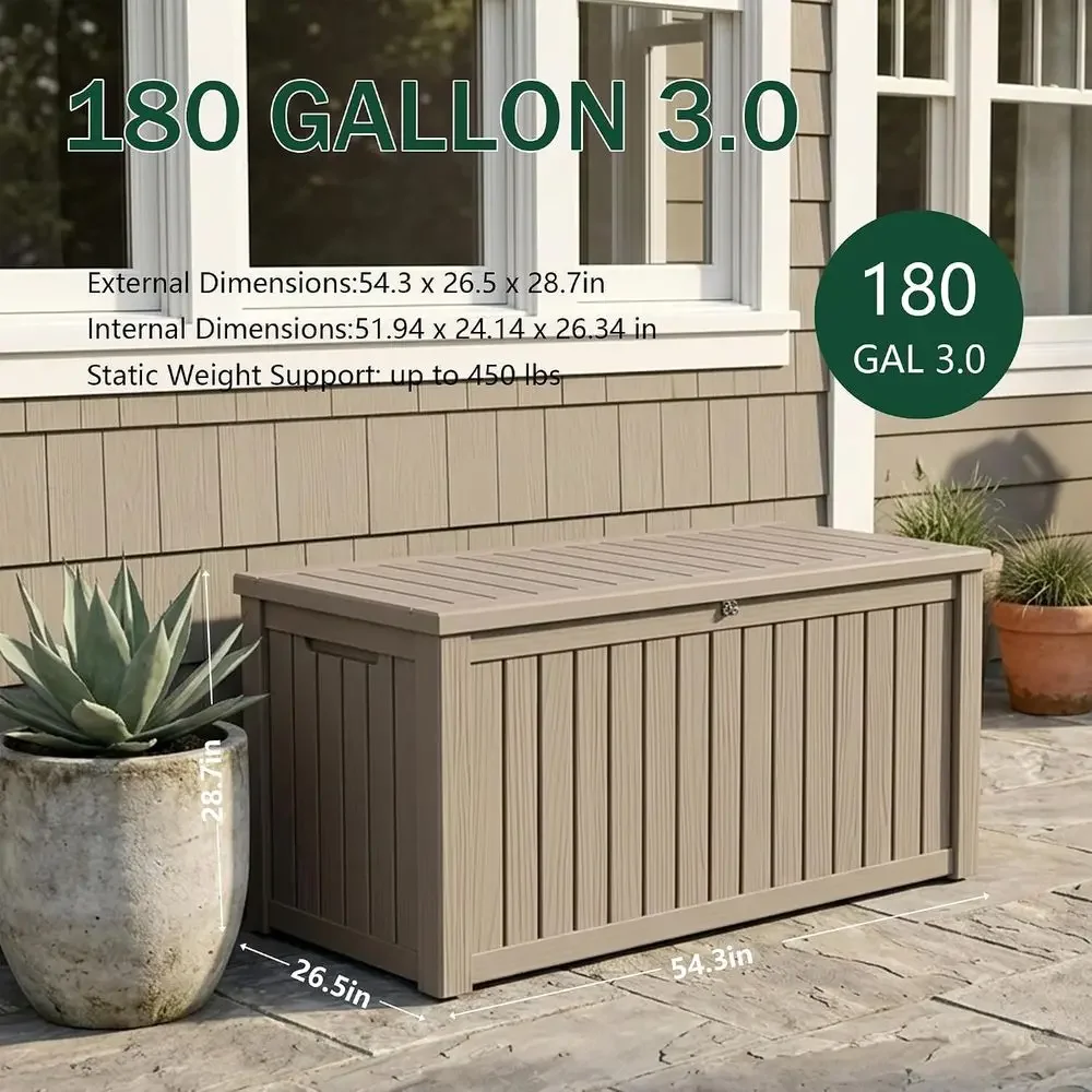 180 Gallon Waterproof Deck Box, Tall Standing Cabinet, Oversized Cushions, Lockable Storage Bench, Grey