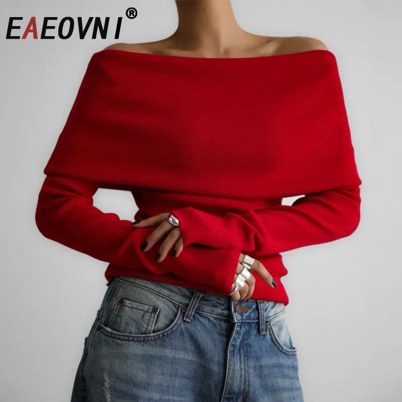 

EAEOVNI Fashion Solid Color Knitted Sweater For Women Slash Neck Long Sleeve Slim Versatile Tops Casual 2025 New Clothing 1A228