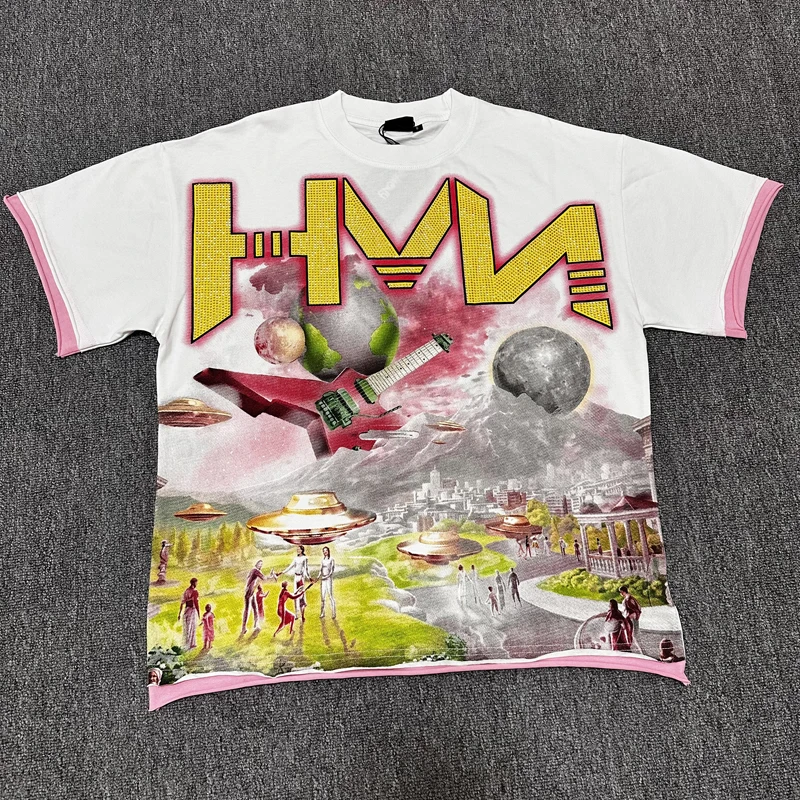 HARMONY Rhinestone Guitar Planet Print Pink Trim Oversized Vintage Street T-Shirt Washed White Patchwork Damaged Hem T-shirts