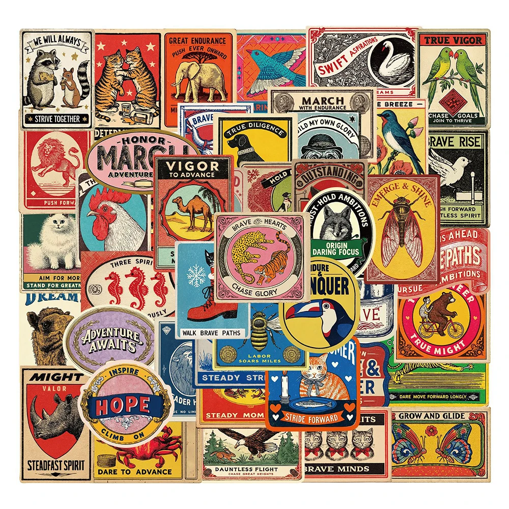 10/30/50pcs American Style Retro Animal Label Stickers Colorful Painting Sticker Luggage Scrapbook Phone Cartoon Decals Packing