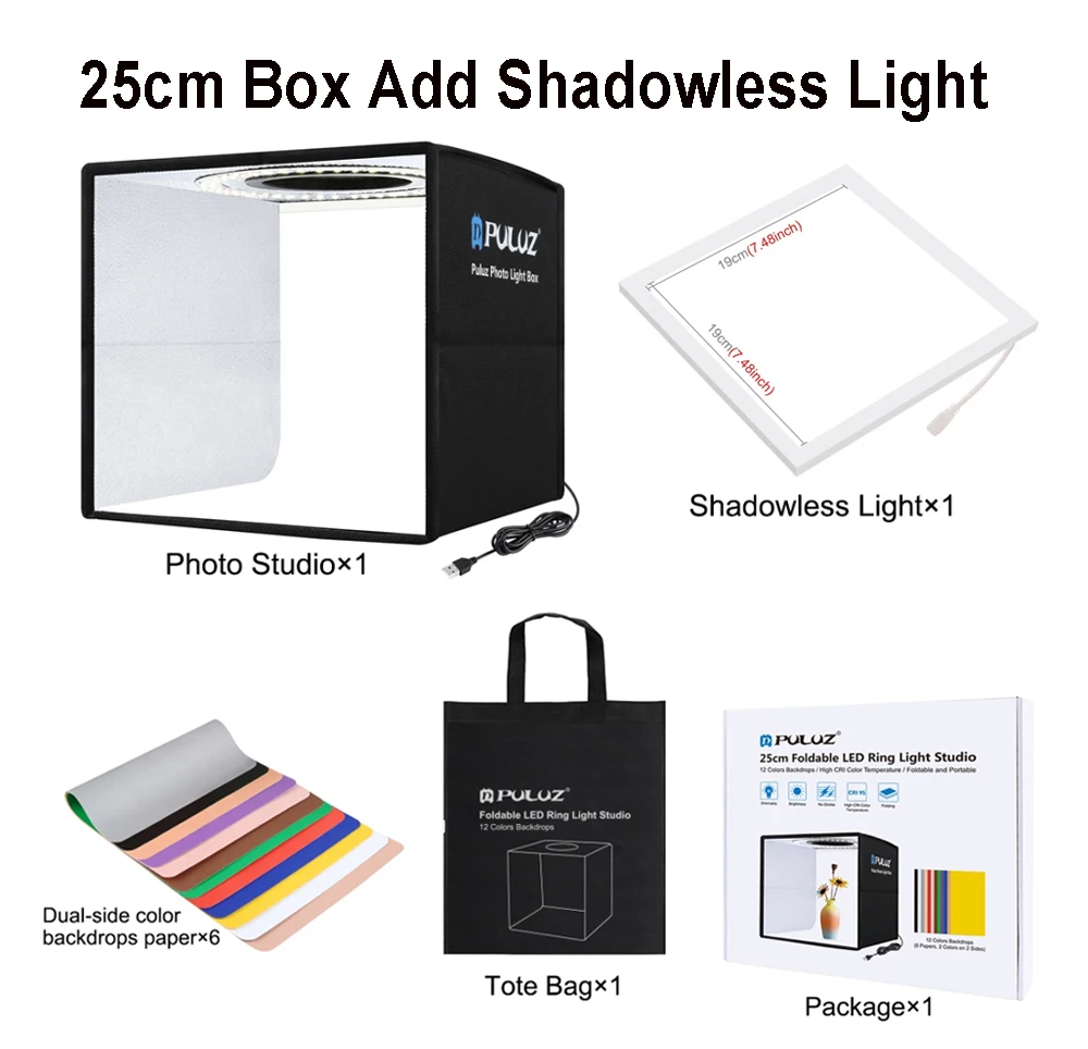 PULUZ Lightbox 80 60 50 40 30 cm Foto-LED-Licht-Studiokits 6 12 Farbhintergründe Tischfotografie Soft Shooting Zeltbox