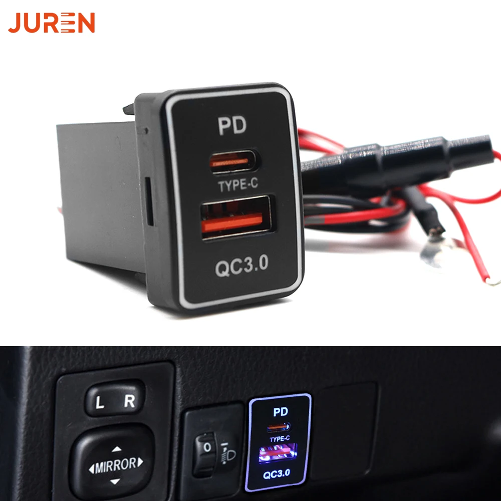 Juren 1pcs Car Fast Charger Adapter QC3.0 TYPE-C USB Quick Charger Socket With Voltmeter For Toyota RAV4 Camry TS-02-UC