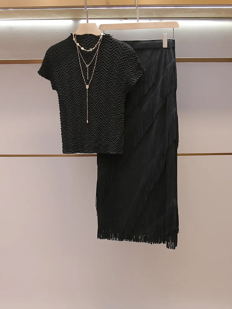 Withered Women's Summer New High-end Knitted T-shirt Top With Tassel Skirt Set Skirt Woman Clothing Faldas Skirts