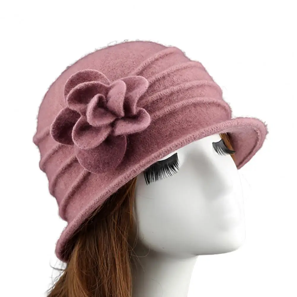 New in Women\'S hat Flower Decor Wide Brim Round Dome Woolen Hat Middle Aged Ladies Bucket Hat Dropshipping