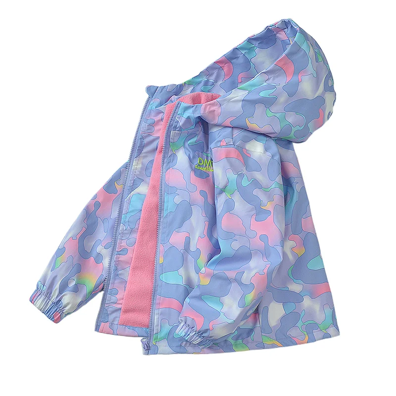 Girls Waterproof Hooded Sweet Printed Fleece Lined Zip Hiking Jacket School Kids Outfit Windbreaker Tops Child Track Coat 3-14Yr