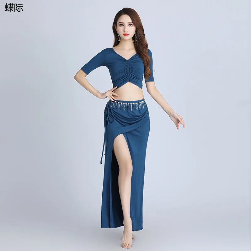 Women Belly Dance Costume Set V Neck Short Sleeve Top High Split Long Skirt 2pcs Oriental Dance Practice Training Outfit